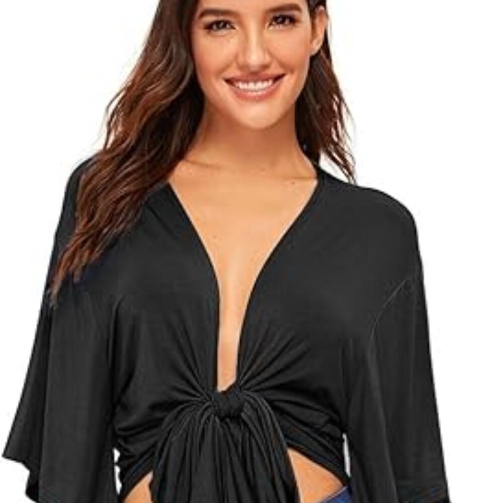 Amazon Tie Front Crop Top with Short Sleeves and Deep V Neck